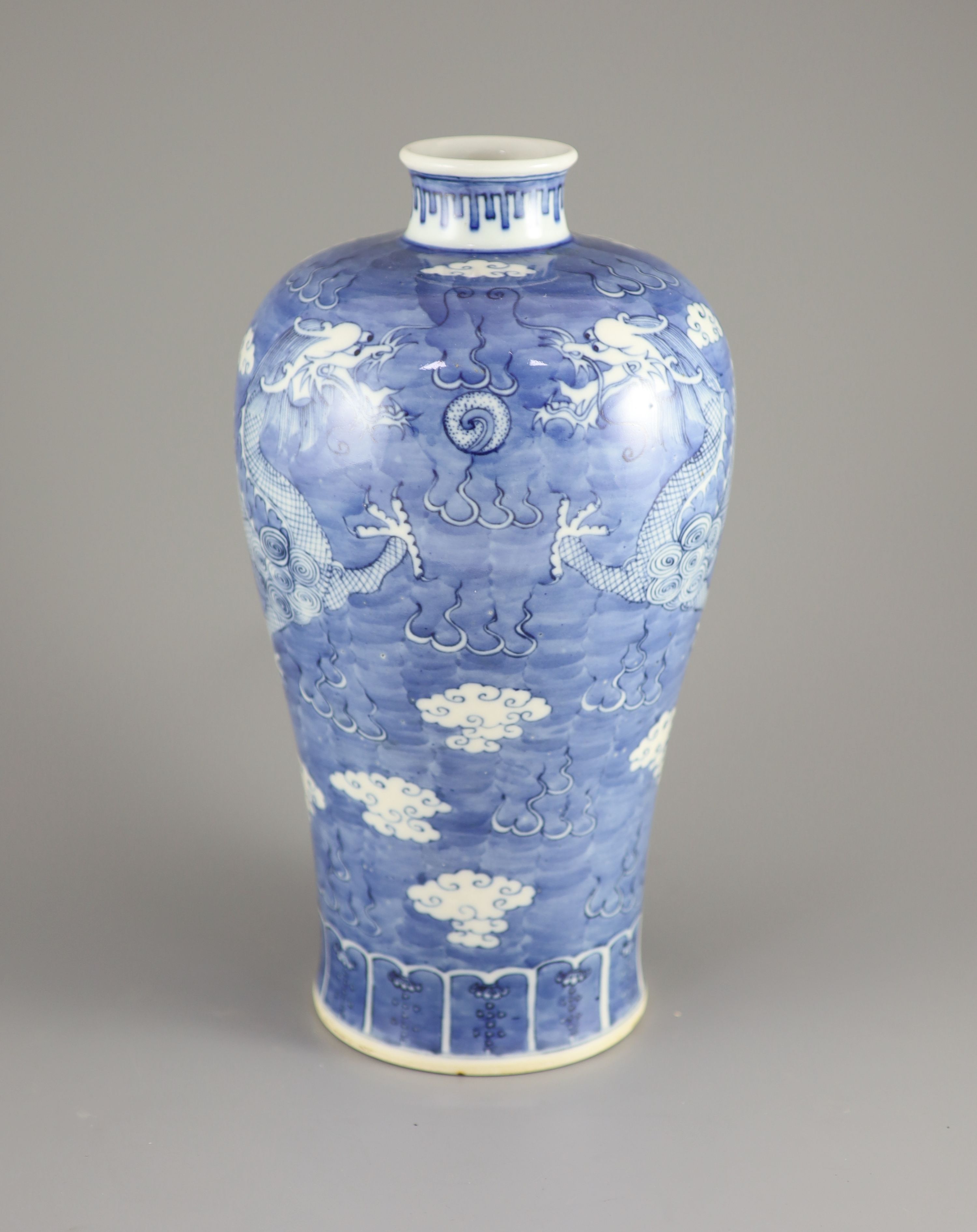 A Chinese blue and white 'dragon' meiping, Kangxi mark but 19th century, 33.5cm high